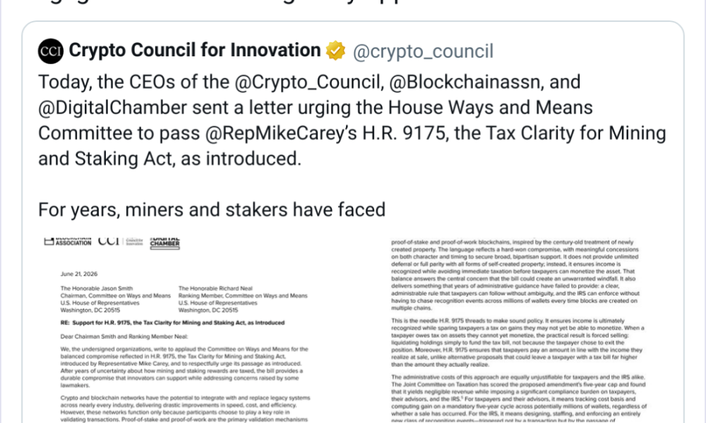 Crypto Urges Congress Pass Staking Tax Bill ‘As Introduced’