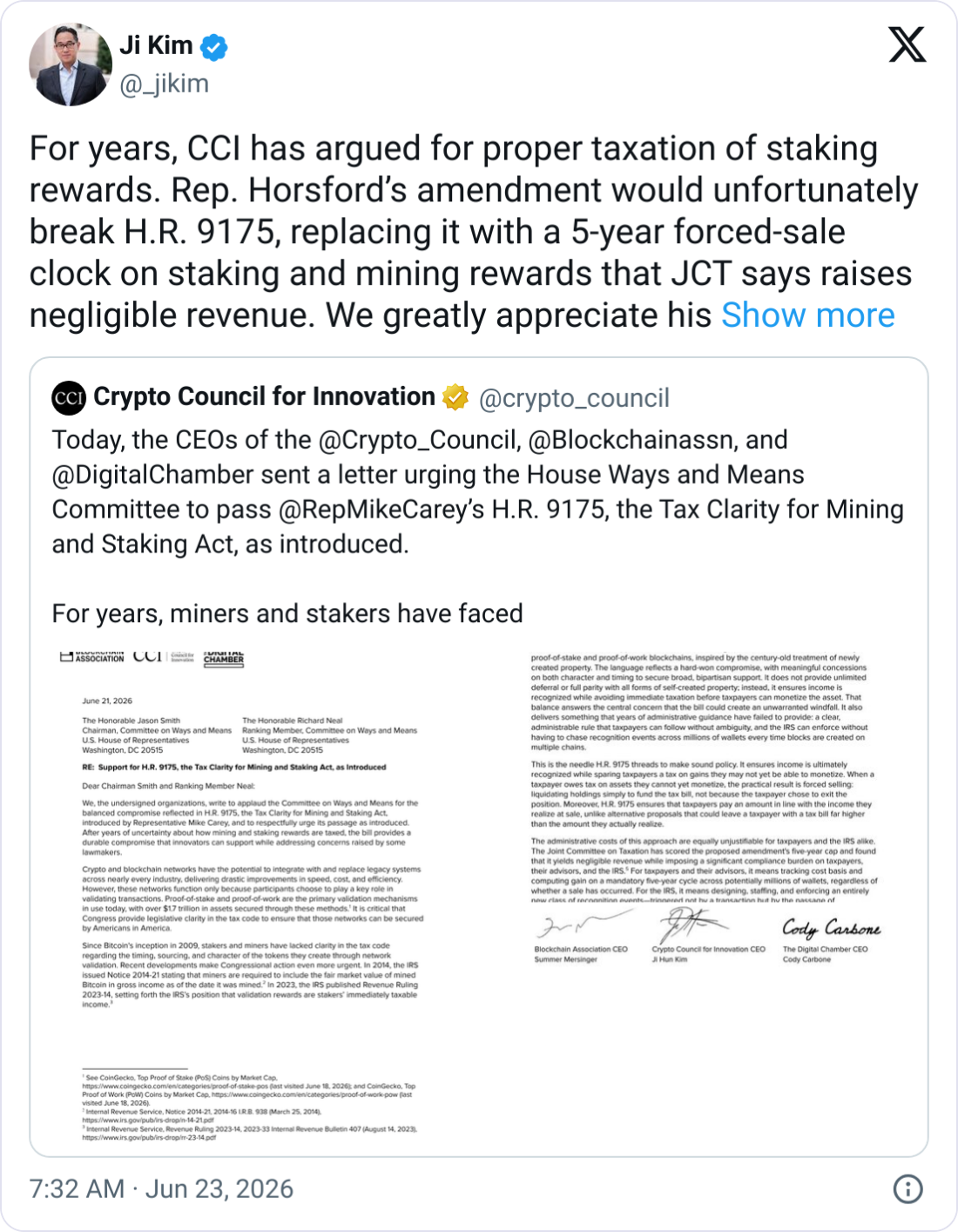 Crypto Urges Congress Pass Staking Tax Bill ‘As Introduced’