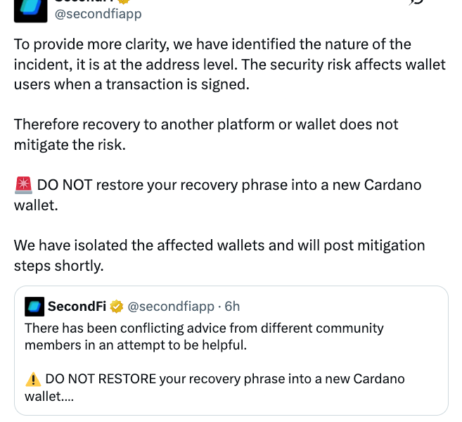 SecondFi Traces Cardano Wallet Exploit to Address-Level Issue