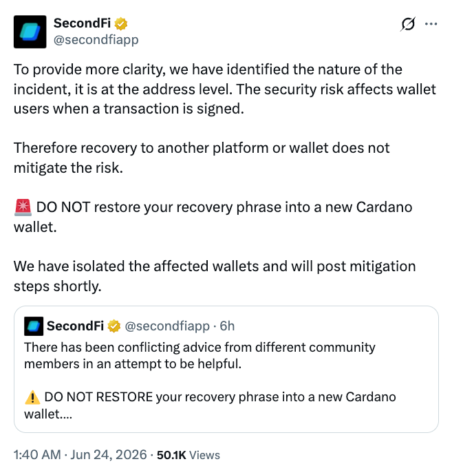 SecondFi Traces Cardano Wallet Exploit to Address-Level Issue