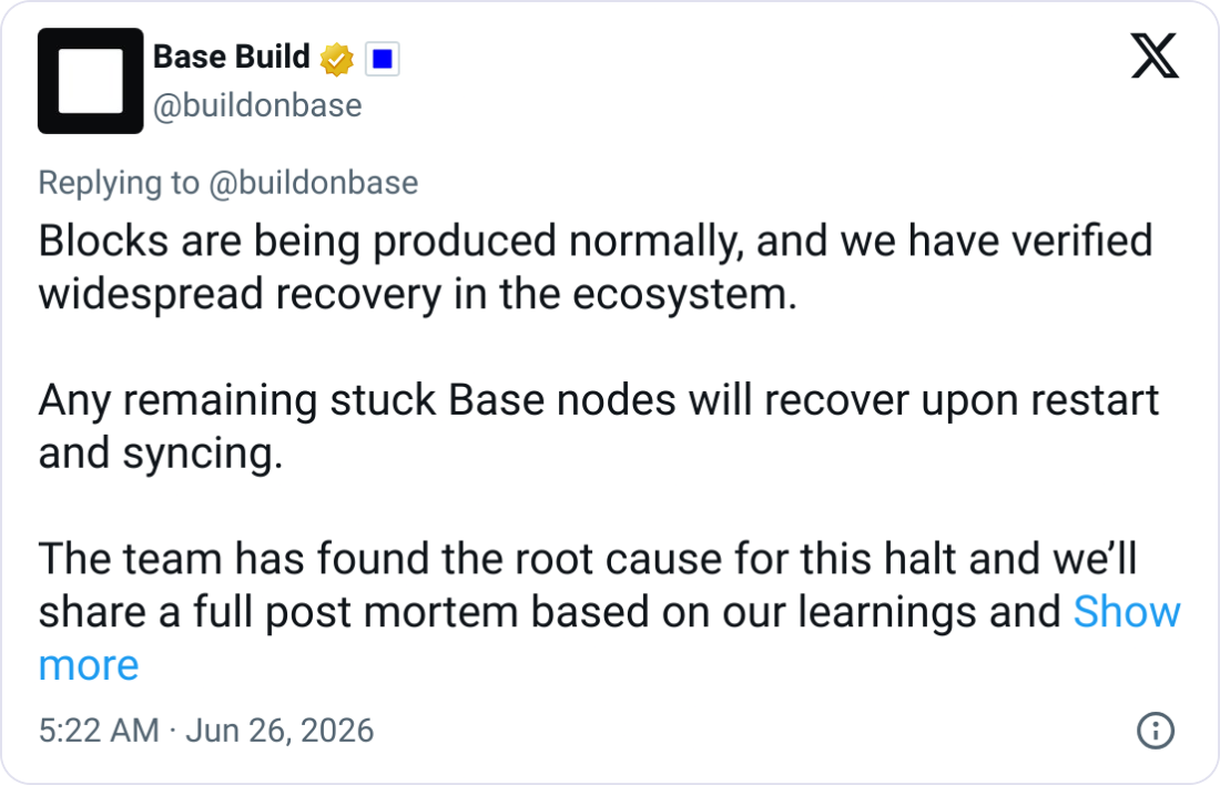 Base Resumes Block Production After 2-Hour Outage