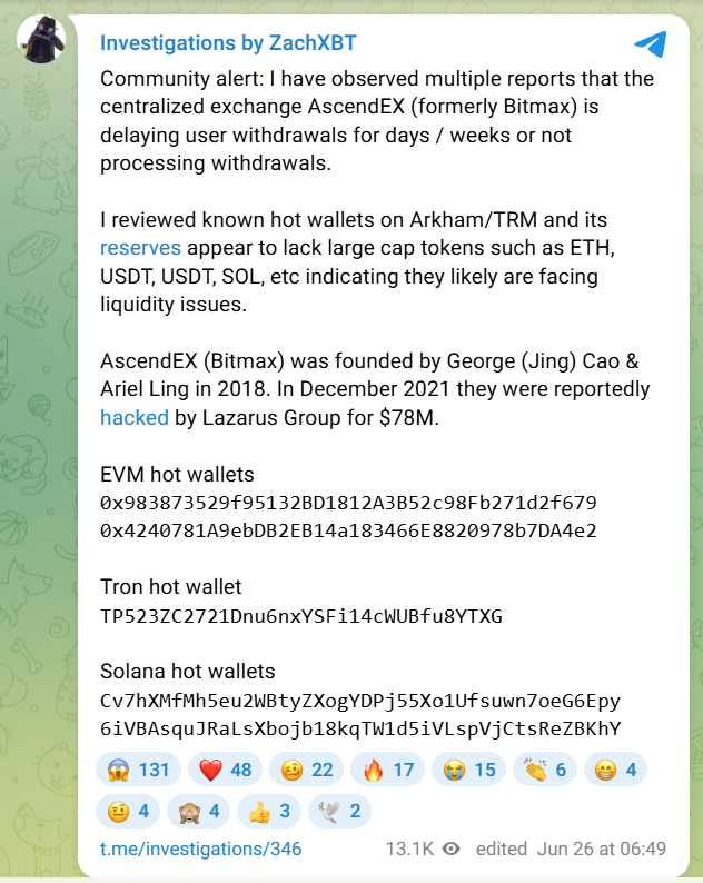 AscendEX Exchange Reportedly Faces Liquidity Issues: ZachXBT