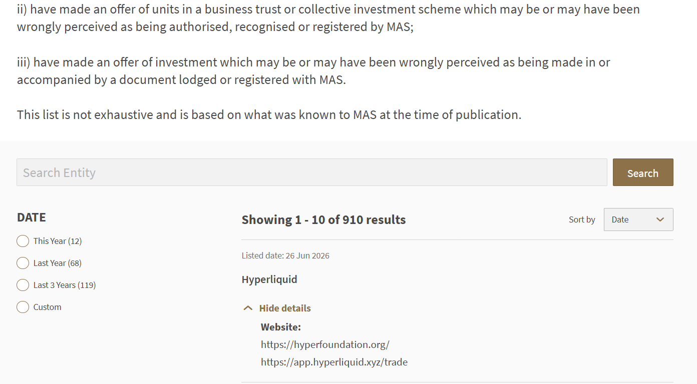 Hyperliquid Added to Singapore's MAS Investor Alert List