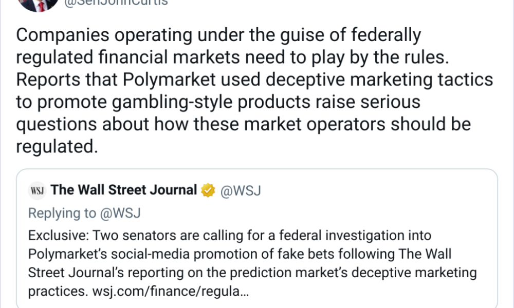 Senators Urge CFTC Probe Polymarket Over Faked Ads Report