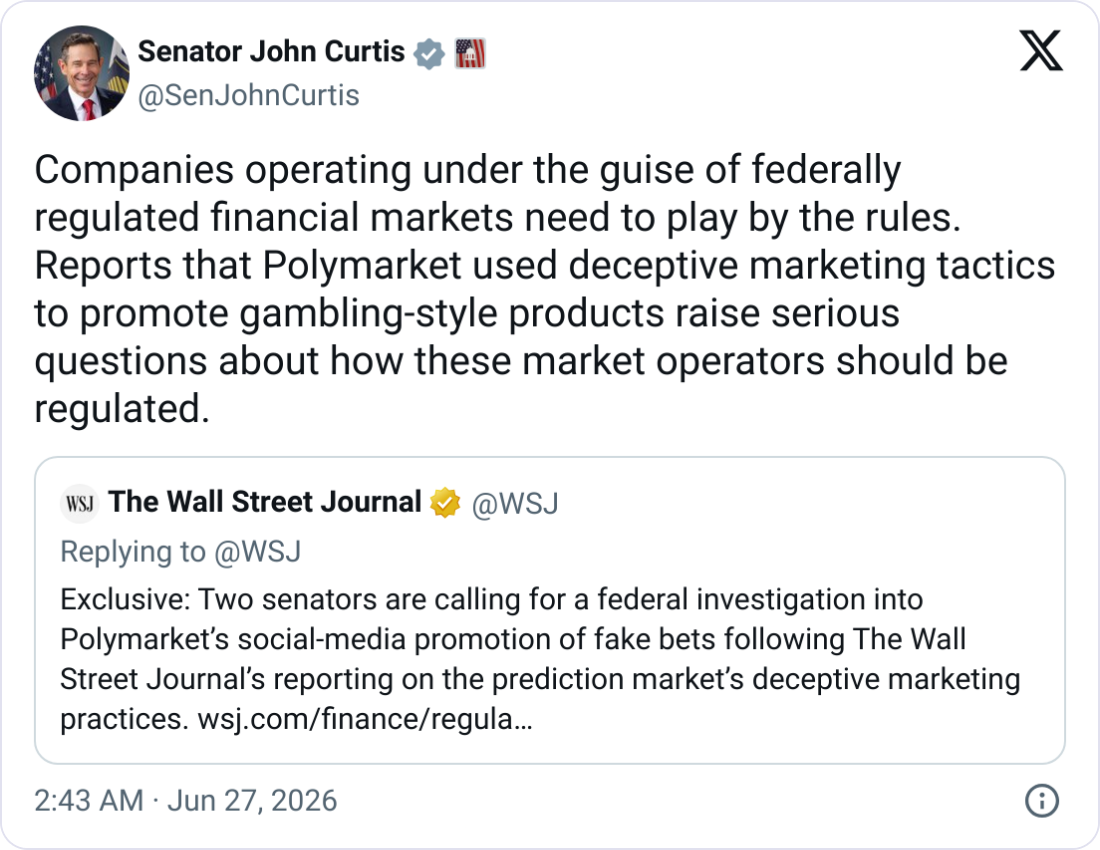 Senators Urge CFTC Probe Polymarket Over Faked Ads Report