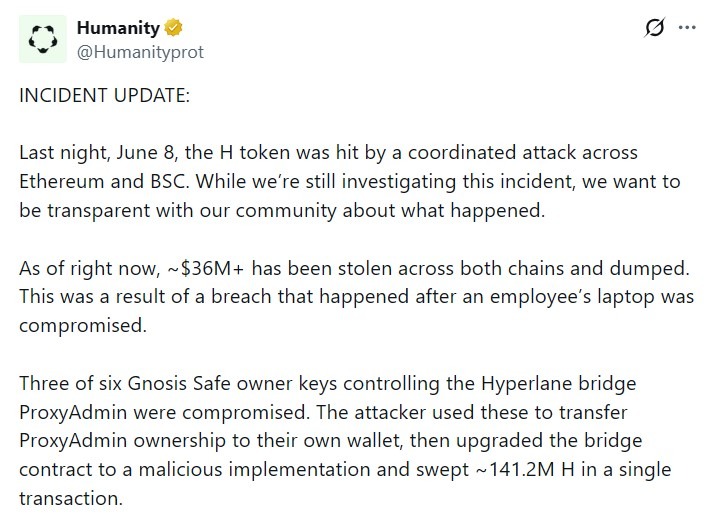 Humanity Says Laptop Breach Led To $36M H Token Exploit
