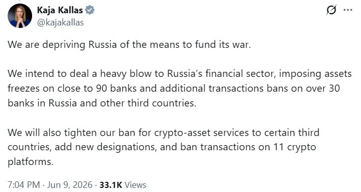 EU Seeks Transaction Ban on 11 Crypto Platforms in Russia Sanctions Push