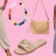 Linen pants, necklace, raffia bag, sandals and a striped dress