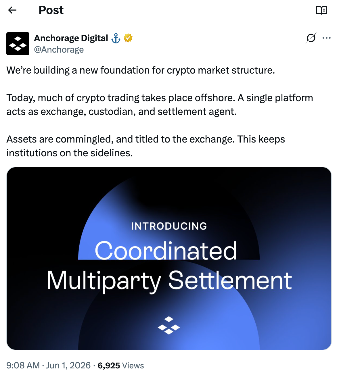 Anchorage Launches Settlement Network for Institutional Crypto Trading