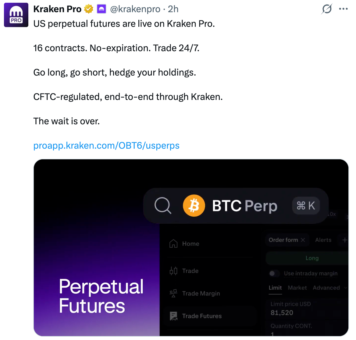 Kraken Launches Regulated Crypto Perpetual Futures in US