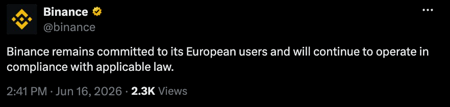 Binance Says it Considers EU License Compliant Amid Reports of Potential Rejection