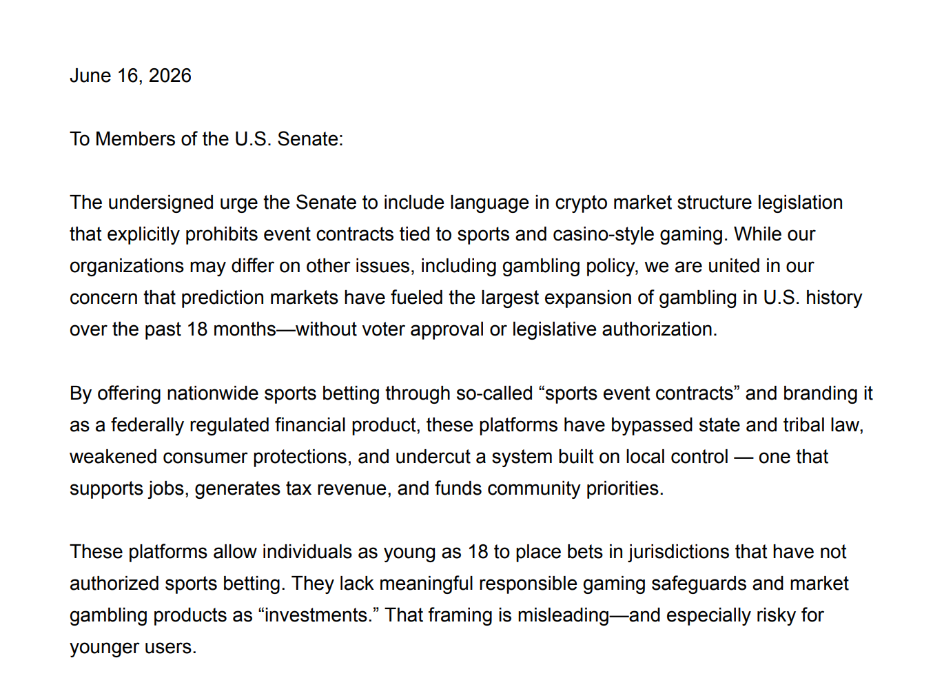 Organizations Urge Congress to Ban Sports Betting on Prediction Markets in CLARITY Act