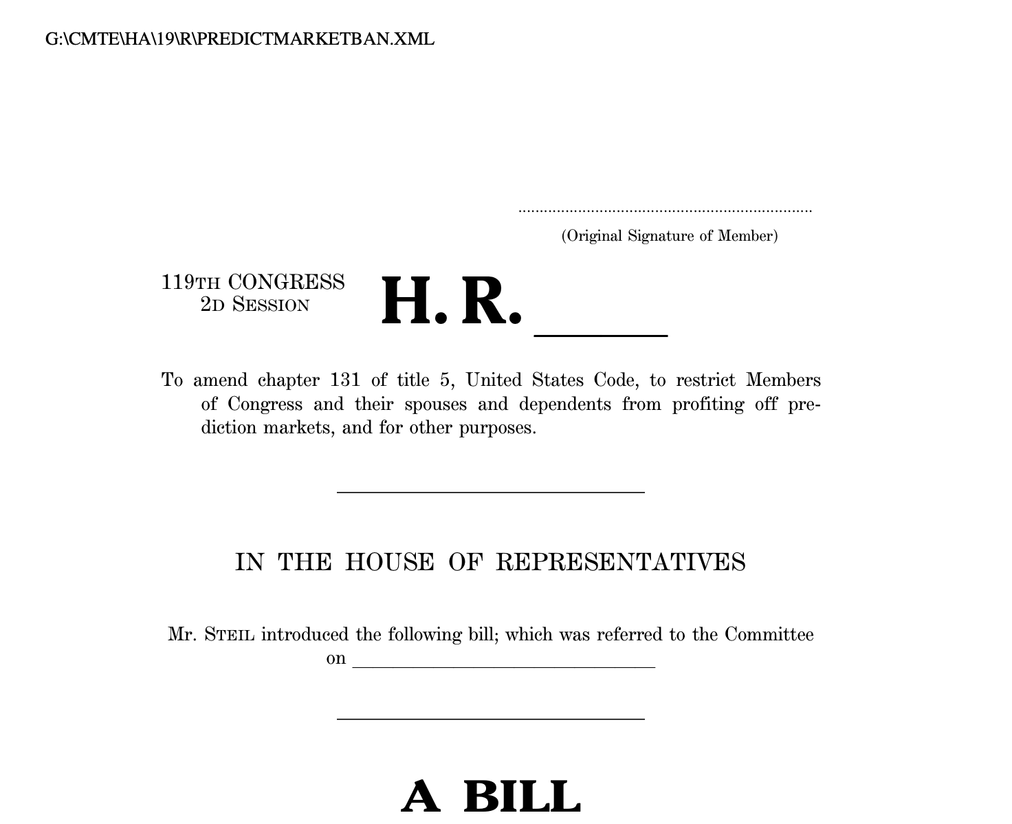 Republican Lawmaker Proposes Prediction Markets Insider Trading Ban, Not Including White House Officials