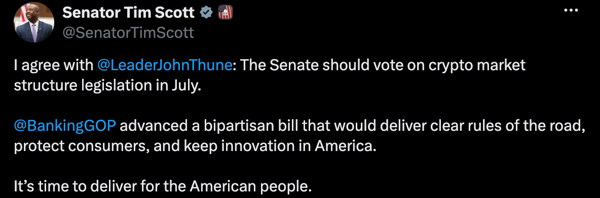 Senate Leaders Push for July Passage of CLARITY Act