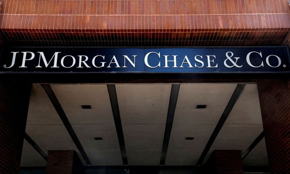 A sign outside JP Morgan Chase & Co. offices is seen in New York City, U.S., March 29, 2021.