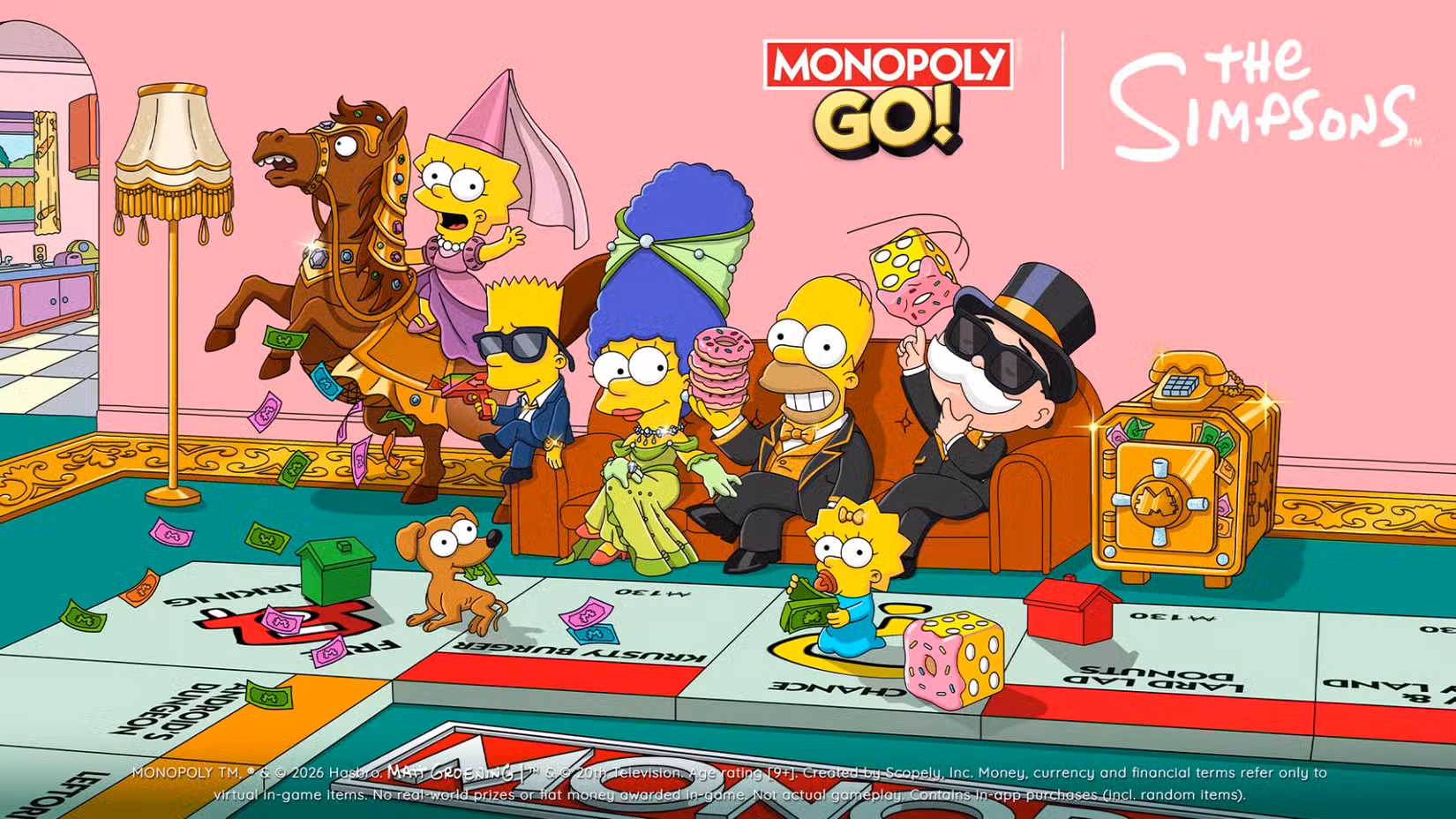 The Simpsons characters in their living room with the Monopoly Man, surrounded by Monopoly game pieces to promote Monopoly Go!