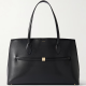black leather tote with belt and whipstitch detailing