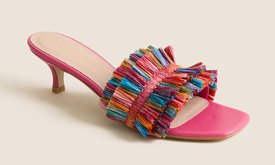 rainbow-colored raffia sandal heels