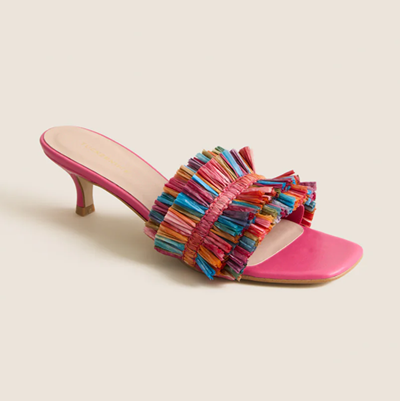 rainbow-colored raffia sandal heels