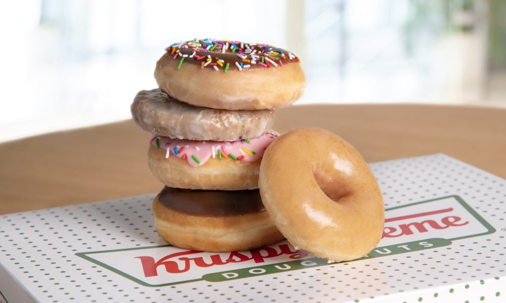 A variety of doughnuts from Krispy Kreme are pictured.