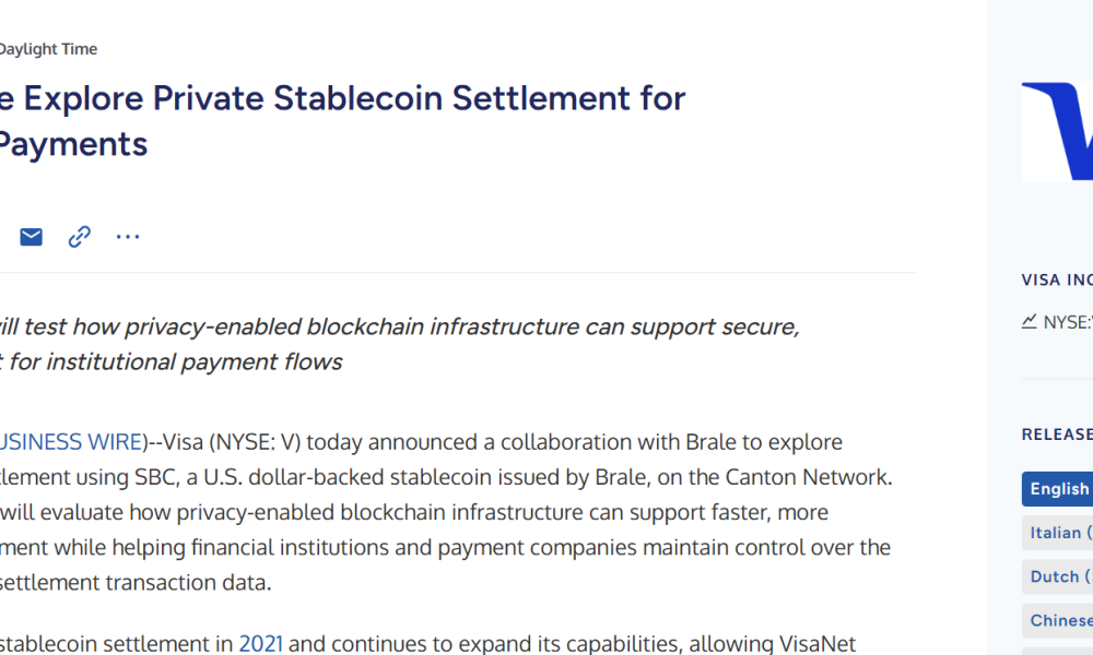 Visa Tests Private Stablecoin Settlement on Canton Network