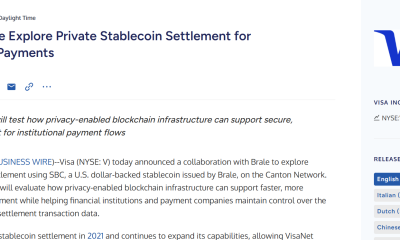 Visa Tests Private Stablecoin Settlement on Canton Network