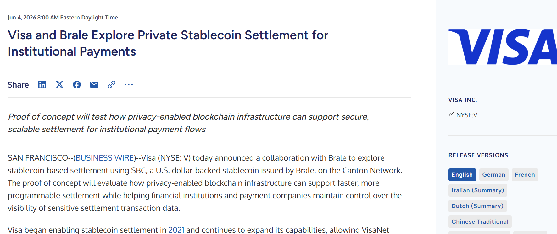 Visa Tests Private Stablecoin Settlement on Canton Network