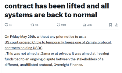 Zama Accelerates Compliance Push After Court Reverses $12.5M USDC Freeze