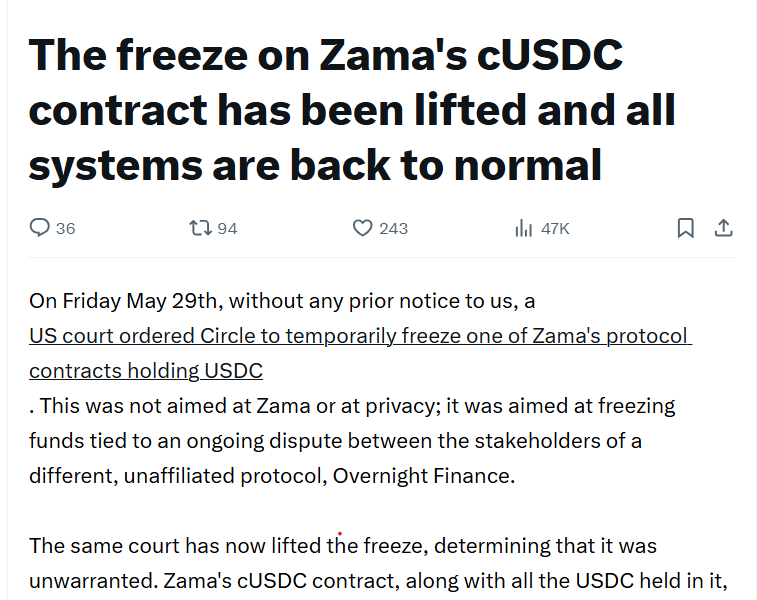 Zama Accelerates Compliance Push After Court Reverses $12.5M USDC Freeze