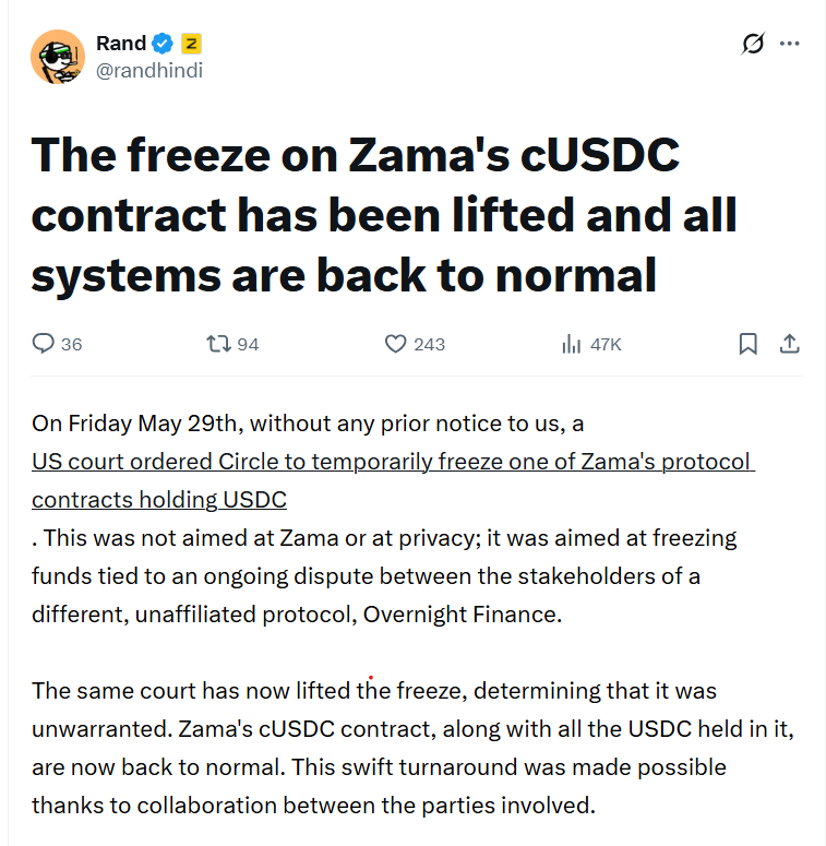 Zama Accelerates Compliance Push After Court Reverses $12.5M USDC Freeze