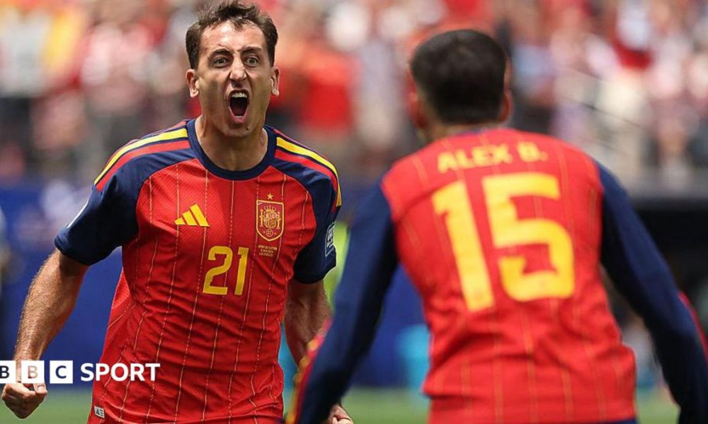 Mikel Oyarzabal celebrates scoring for Spain against Austria