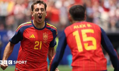 Mikel Oyarzabal celebrates scoring for Spain against Austria