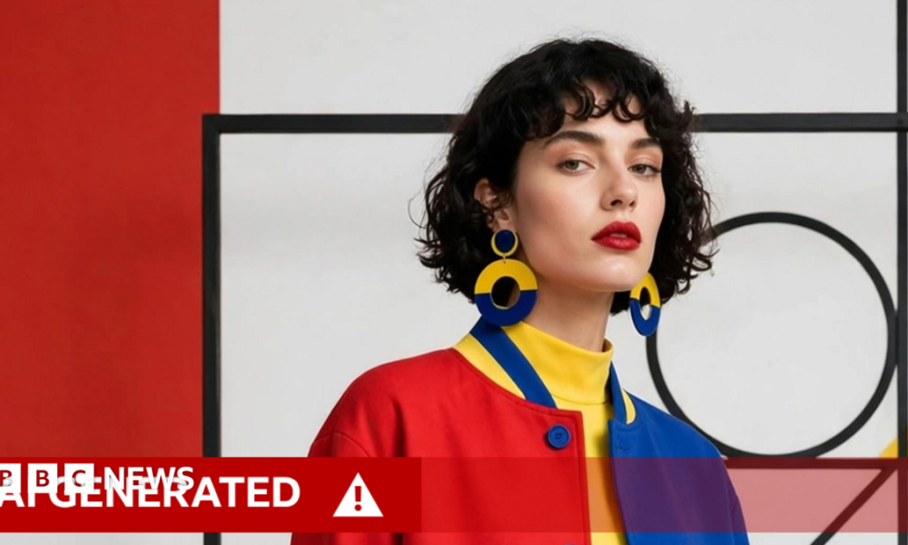 An AI-altered image generated using Muse Image of a woman against a Bauhaus art background and wearing red blue and yellow, with black curly hair