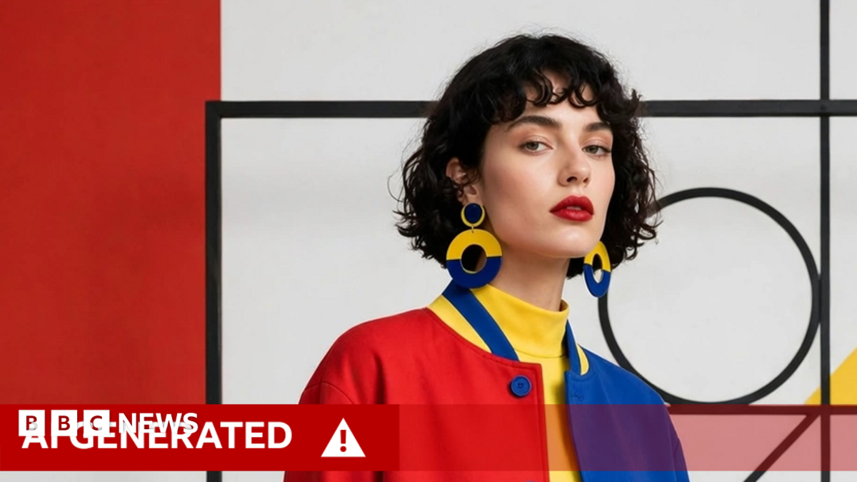 An AI-altered image generated using Muse Image of a woman against a Bauhaus art background and wearing red blue and yellow, with black curly hair
