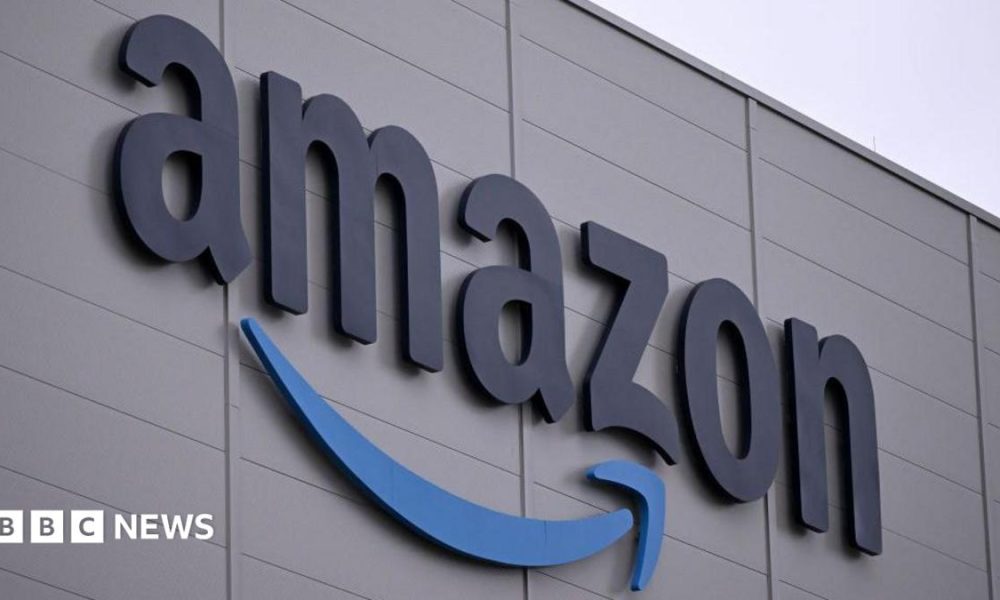 The Amazon logo, which is the world 'Amazon' with its signature stylised arrow underneath, on the side of a grey building with a light overcast sky in the background
