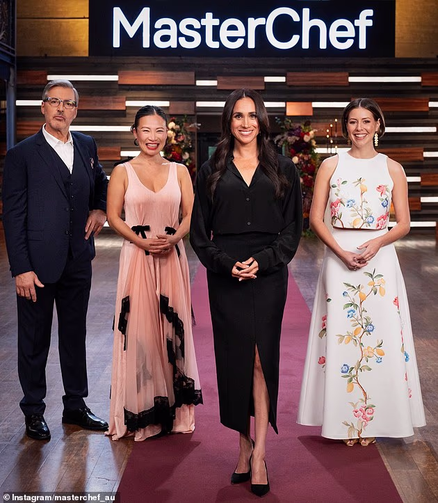 The Duchess of Sussex made a shock appearance on MasterChef Australia and her episode will be broadcast later this month, She is pictured with fellow judges Poh Ling Yeow, Jean-Christophe Novelli and Sofia Levin