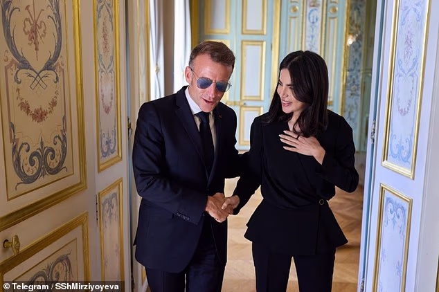 Emmanuel Macron donned a pair of aviator shades as he was dazzled by the radiant Saida Mirziyoyeva, the eldest daughter of Uzbekistan's leader, Shavkat Mirziyoyev