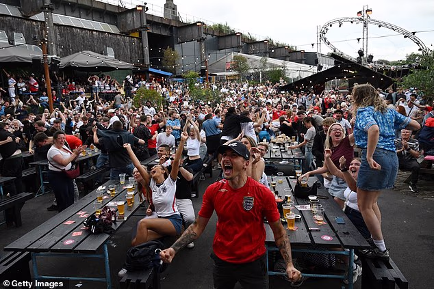 England fans celebrate in Manchester as Harry Kane scores for England against Democratic Republic of Congo