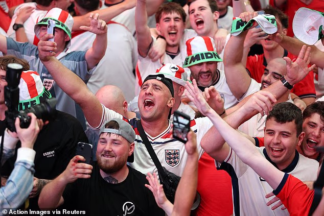 Fans are seen gathered in Wembley yesterday evening to watch England play against DR Congo