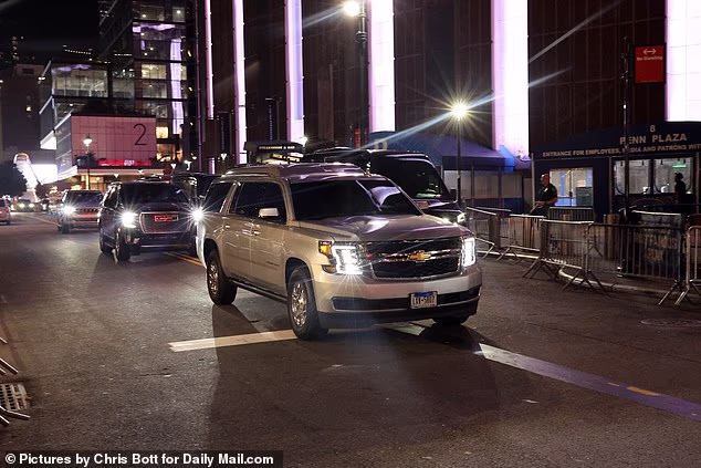 Taylor Swift and Travis Kelce hosted an intimate rehearsal dinner for their closest family and friends at Madison Square Garden's Infosys Theater on Thursday (pictured Taylor Swift's car leaving MSG after midnight)