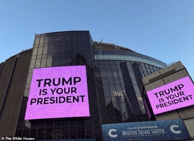 The White House shared the image of the altered billboard after the two tied the knot inside the arena