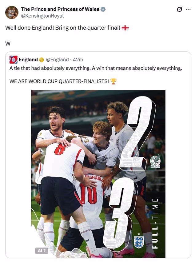 Prince William said 'well done' and 'bring on the quarter final' in a post on X just after 4am on Monday
