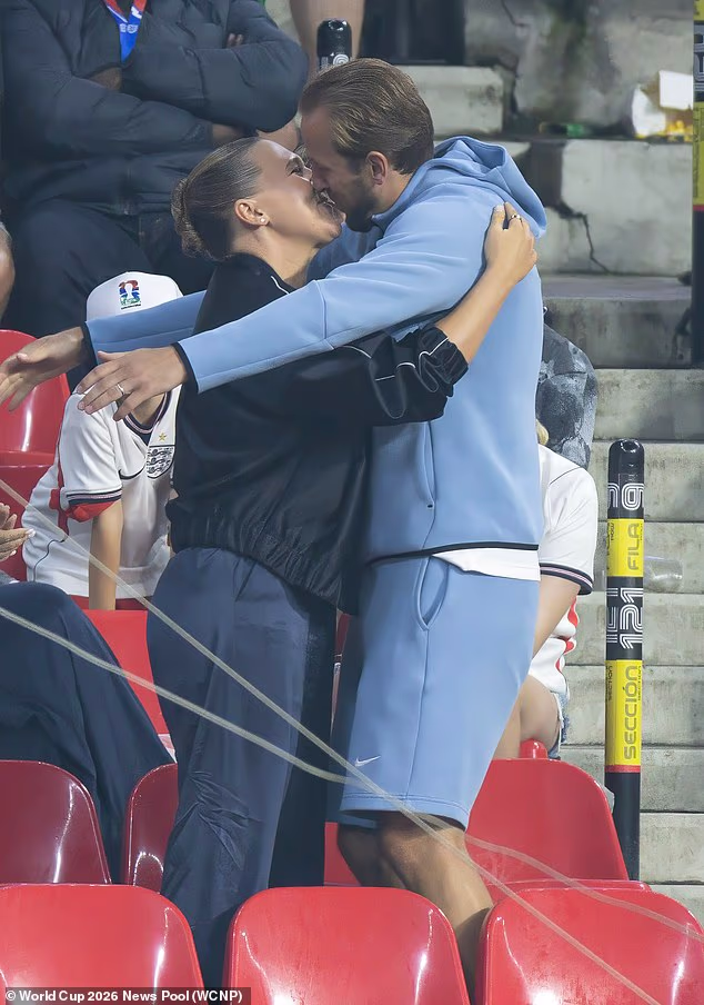 The England WAGs gave the team a hero's welcome as they celebrated in the stands after soaring to a 3-2 victory in their crunch World Cup tie against Mexico - Kate and Harry Kane