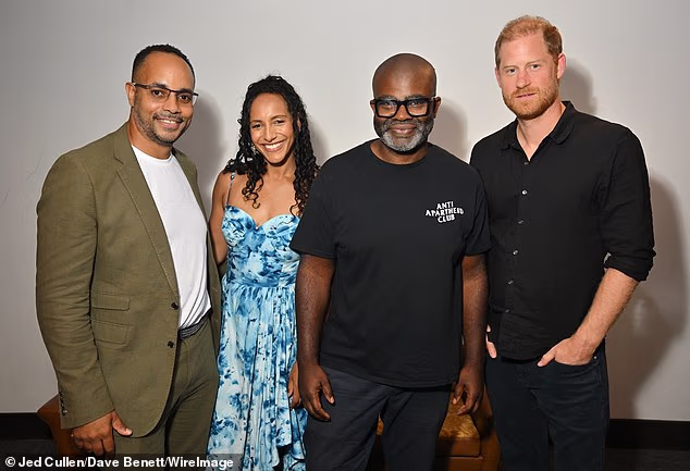 (L to R) Andy Mundy-Castle, Afua Hirsch, Misan Harriman and Prince Harry, Duke of Sussex attend the UK Premiere of 'Shoot The People' at Picturehouse Central in London on Monday