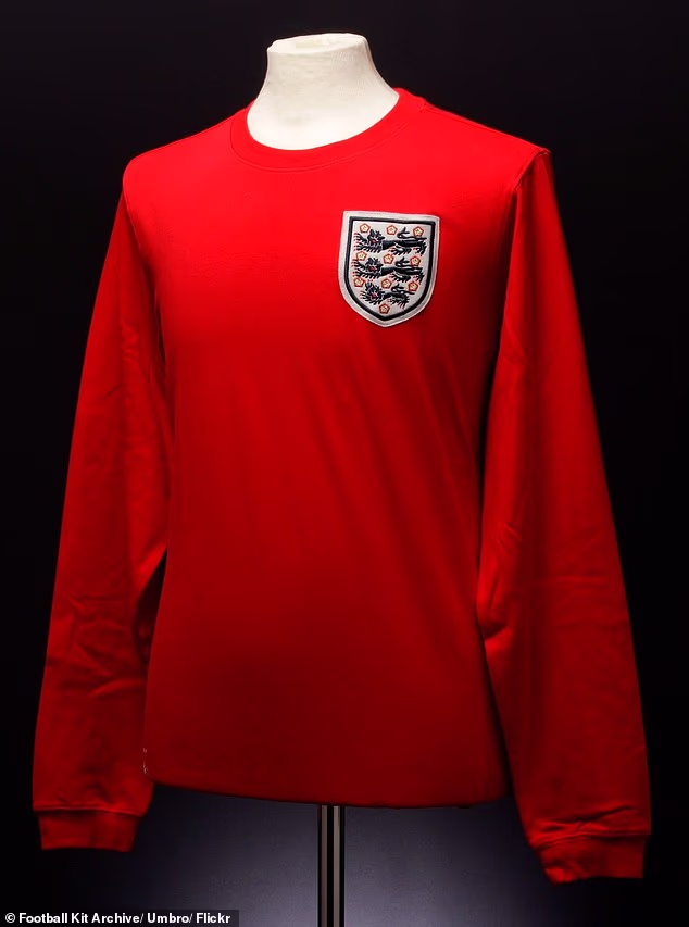 In 1966, England's away kit, made by Umbro, was red, white and navy and featured long sleeves