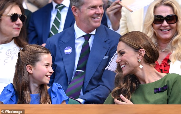 The Princess of Wales beamed at her daughter, Princess Charlotte, as the pair watched the Men's final at Wimbledon this afternoon