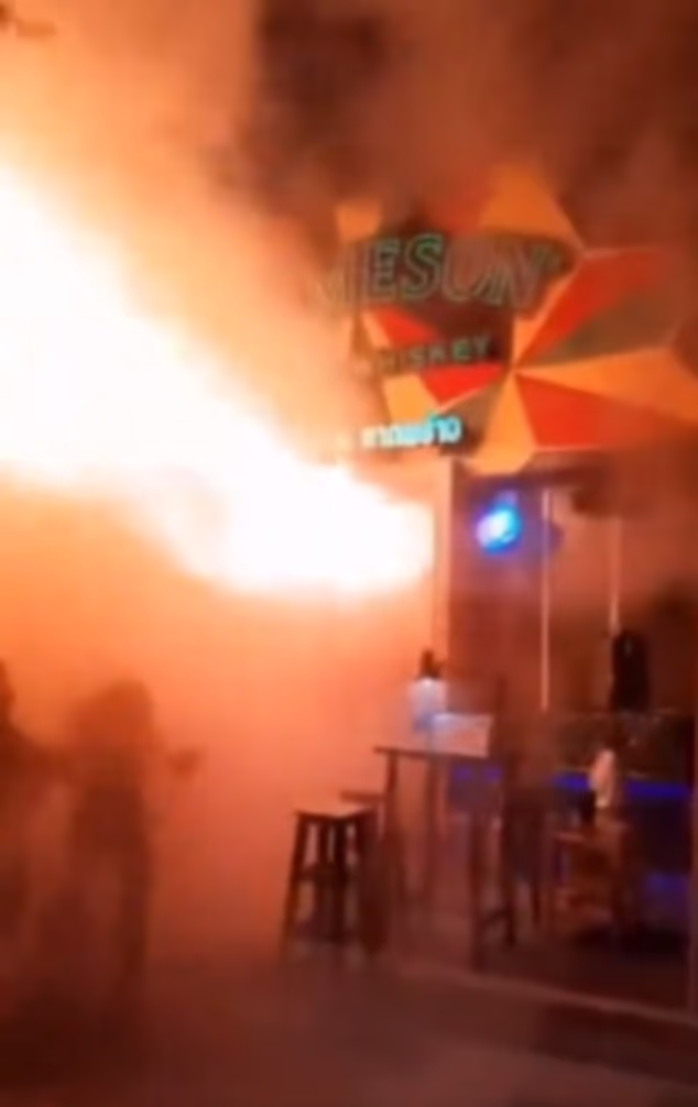 Shocking footage showed the pub engulfed in flames in Bangkok, Thailand