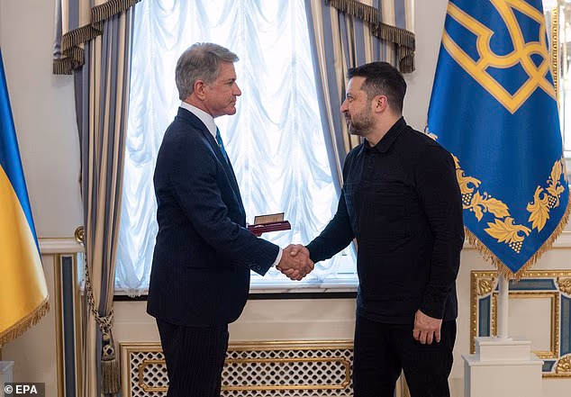 A handout photo made available by Ukraine's Presidential Press Service shows Ukrainian President Volodymyr Zelensky (R) and former Chair of the House Foreign Affairs Committee Michael McCaul (L) during their meeting in Kyiv, Ukraine, July 10th 2026.