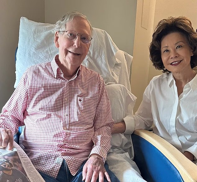 Mitch McConnell, 84, has broken his month-long silence and tweeted a photo of himself alongside his wife, 73-year-old Elaine Chao