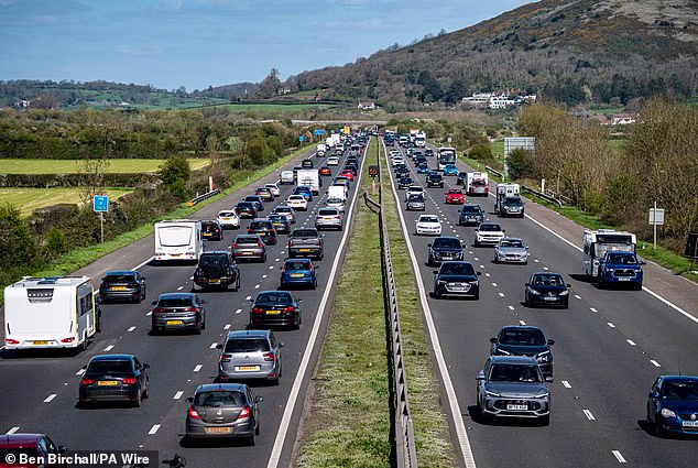 Traffic on the M5 in Somerset between Bridgewater and Weston-super-Mare during Easter